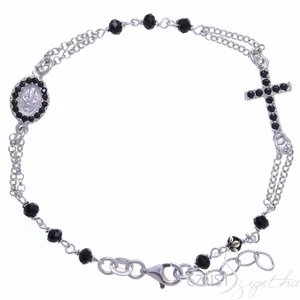 Ezüst Rózsafüzér Karkötő Fekete Köves Mária és Kereszt Medállal