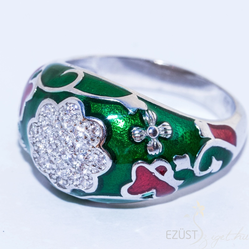 zöld virágos ezüst gyűrű